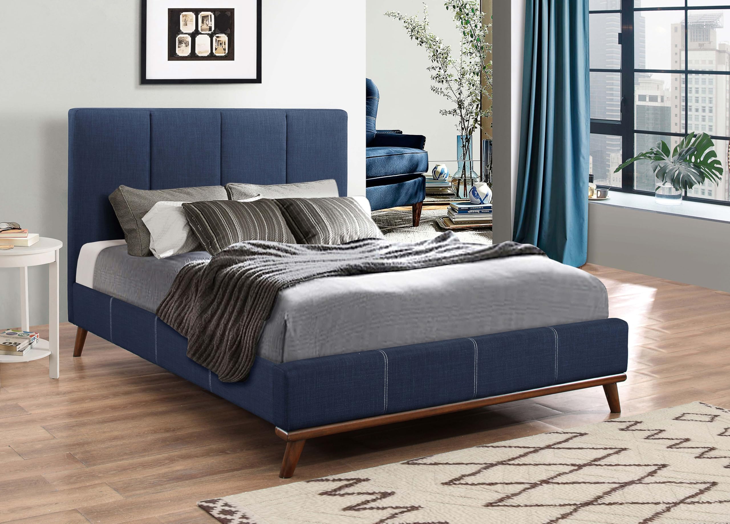 Coaster Home Furnishings Charity Mid-Century Modern Fabric Upholstered Queen Size Panel Bed Frame Platform Bed 49-inch Headboard Blue 300626Q